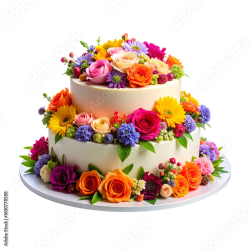 A two-tier white cake adorned with vibrant, multicolored fresh flowers including roses, daisies, and other blossoms arranged beautifully around both tiers.
