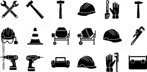 Vector art of a collection of construction and diy tools including hammers