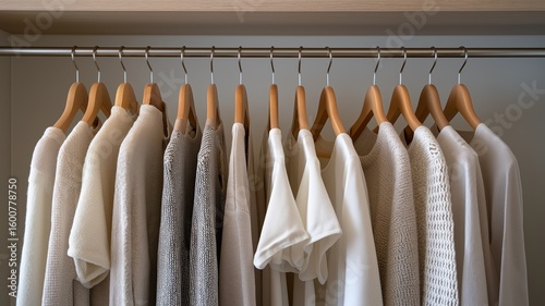 Shirts and sweaters in various white shades hang neatly in a modern closet space elegantly arranged.