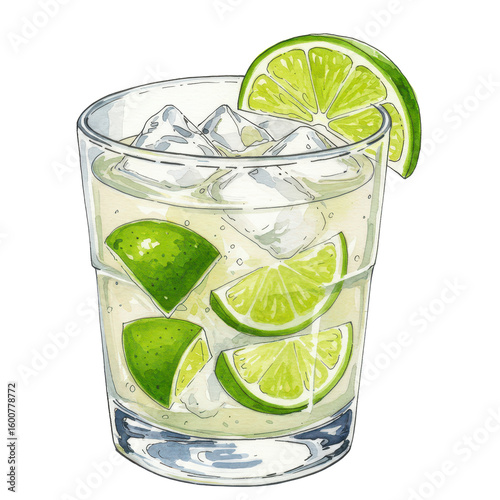 Watercolor caipirinha cocktail with lime ice, isolated on transparent background
