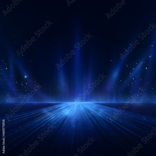 Bright Blue Runway with Light Streaks and Stars, Ideal for Presentations, Award Ceremony Events, and Technology-Themed Backgrounds. Luxury Scene Design Concepts. Vector illustrations.