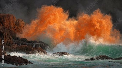 Fierce Orange Waves Crashing On Rocky Shore