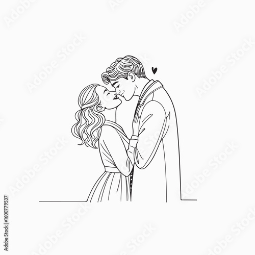 Romantic Couple Kissing – One Line Art Drawing Vector Illustration