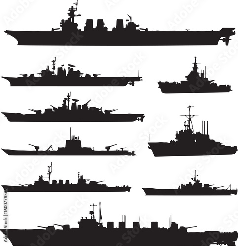 Warships and naval vessels in silhouette vector