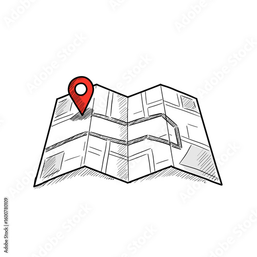 Hand-drawn map with red location pin on white background  