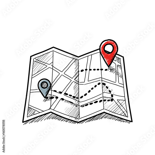 Hand-drawn map with location markers in red and blue colors  