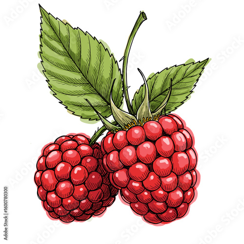 Fresh raspberries with green leaves on white background  