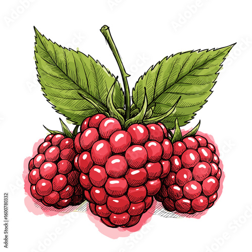 Fresh red raspberries with green leaves in detailed illustration  