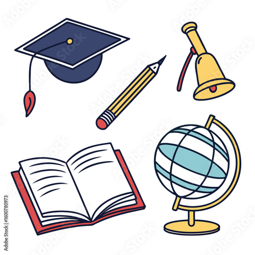 Back to school education icons set featuring graduation caps, books, and globes for university student success