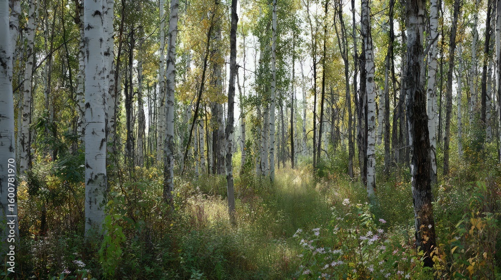 Fototapeta premium Autumn Forest Path With Birch Trees