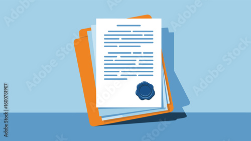Document Icon Illustration — Stack of Papers with Blue Seal on Top Folder over Orange Binder and Gradient Background Representing Office Files