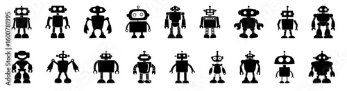 Silhouette of black robot figures of various designs 