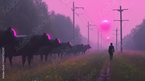 Surreal Encounter: Person Walks Past Glowing-Eyed Cows in Ethereal Landscape