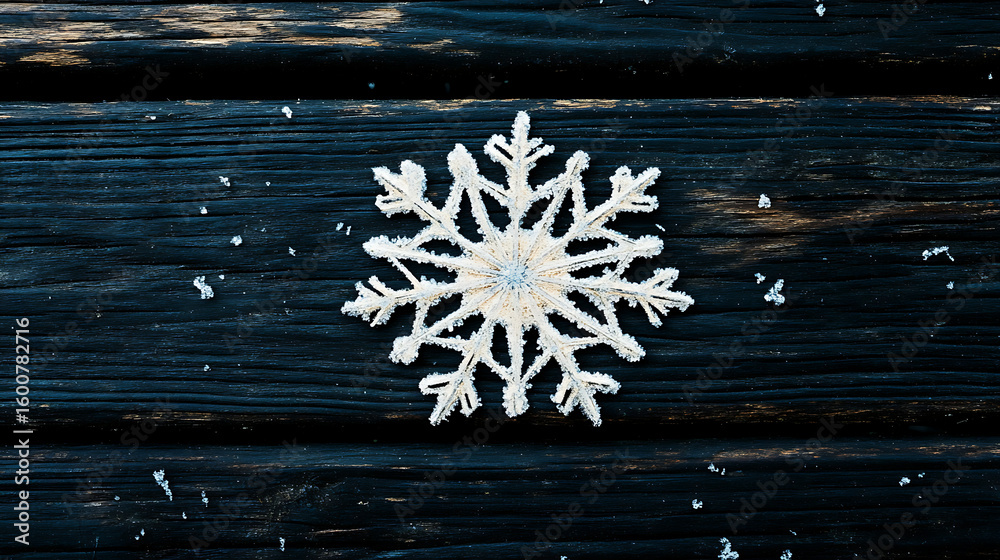 Fototapeta premium A delicate snowflake on a dark wooden plank standing out with its intricate design 