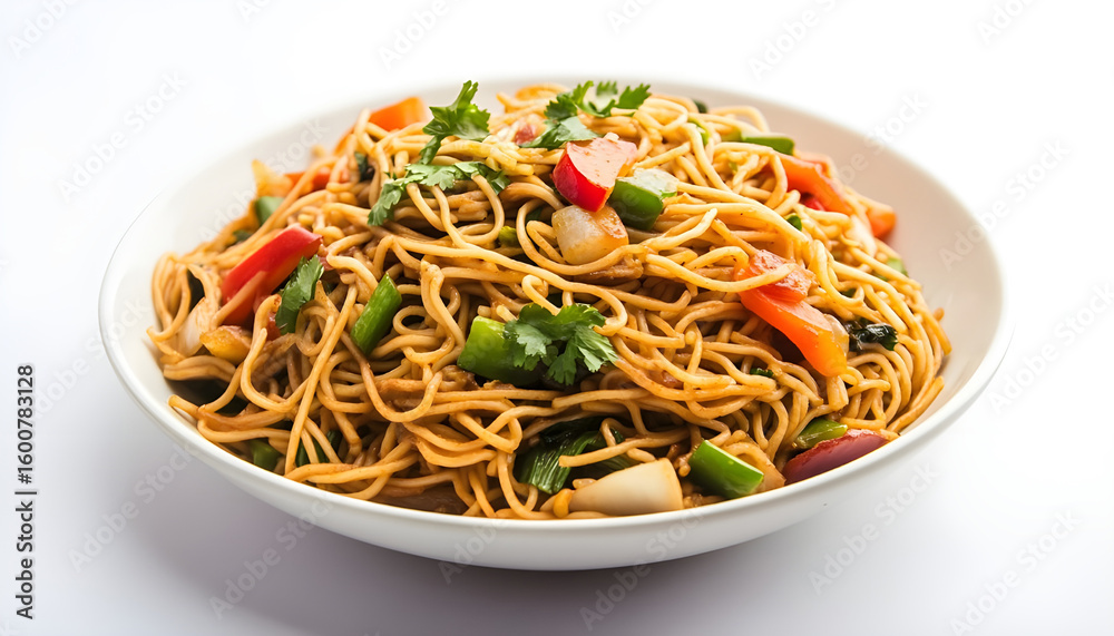 Delicious masala chowmein noodles tossed with fresh vegetables prepared on a pristine white background for a vibrant culinary presentation Delicious masala chowmein noodles tossed with fresh vegetables prepared on a pristine white background for a vibrant culinary presentation