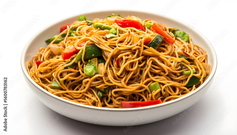 Delicious masala chowmein noodles tossed with fresh vegetables prepared on a pristine white background for a vibrant culinary presentation Delicious masala chowmein noodles tossed with fresh vegetables prepared on a pristine white background for a vibrant culinary presentation