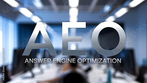 Aeo answer engine optimization in a blurred office setting with overhead lighting and computer monitors