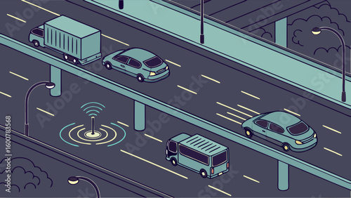 Overhead view of highway with cars, trucks, and a bus on a bridge with a signal tower present