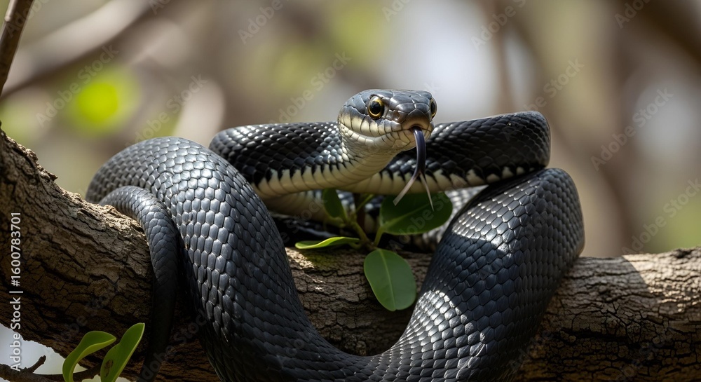 Fototapeta premium Black Snake on Branch with Tongue Out and Intense Yellow Eyes
