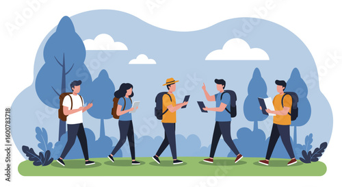 Group of Hikers Walking and Using Maps Outdoors.