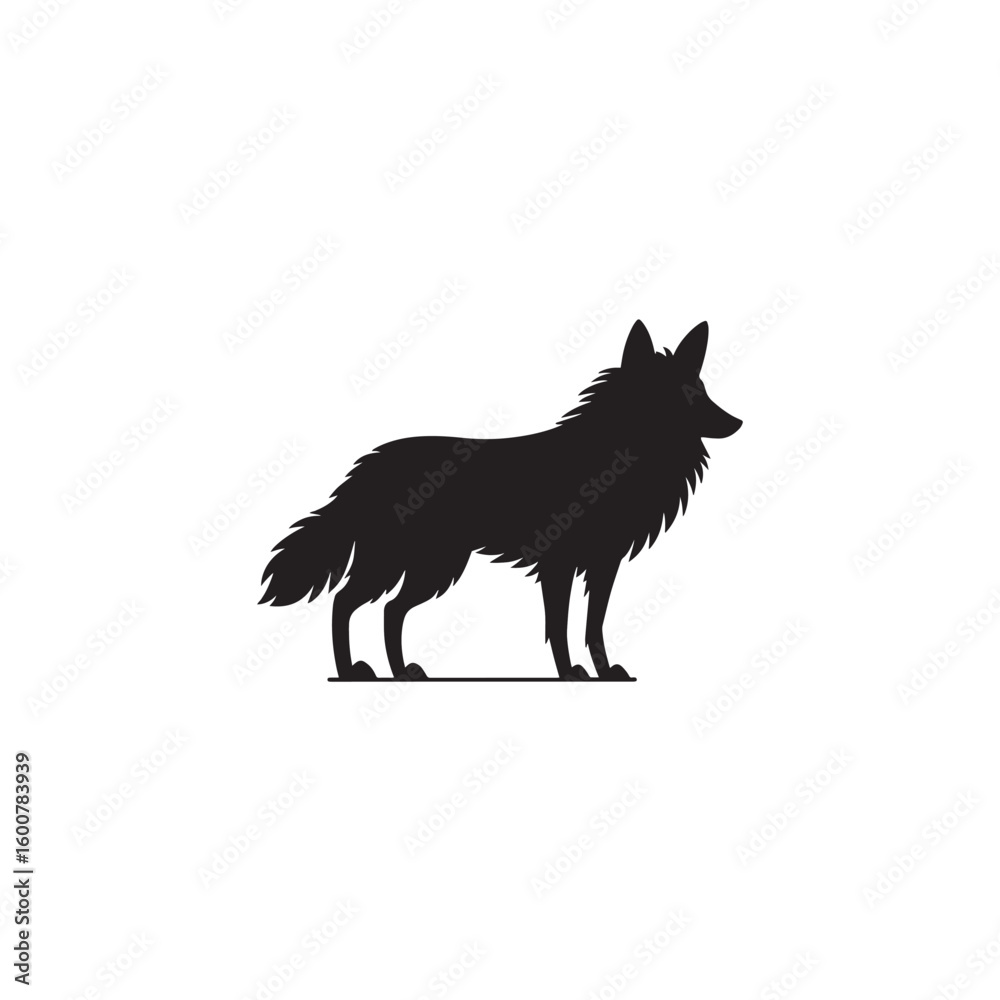 Obraz premium Silhouette of a standing wild dog or wolf with a bushy tail isolated on white background