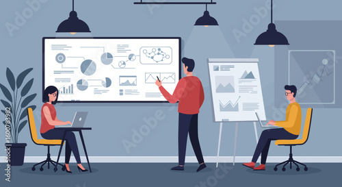 Business Team Analyzing Data on Whiteboard and Flipchart.