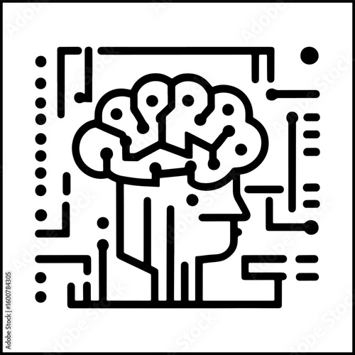 "Minimal Line Art AI Brain Chip Icon – Black and White Futuristic Technology Symbol on White Background"