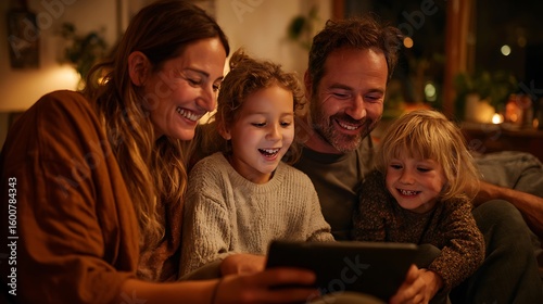 Family learning a new language together via tablet, sitting close, laughing, interactive learning at home, cozy living room, educational technology 