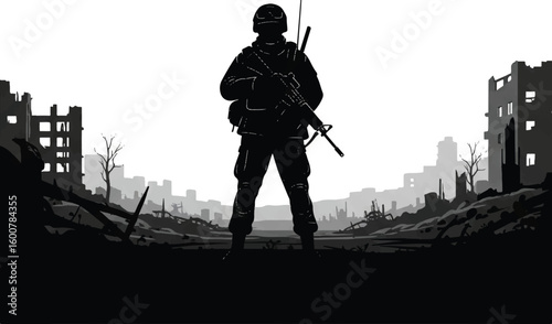 Silhouette of a soldier standing resolute in a destroyed urban landscape, symbolizing conflict and resilience