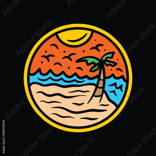 Summer Beach Palm Tree Vintage Emblem Sticker Vector Design Outdoor Vector
