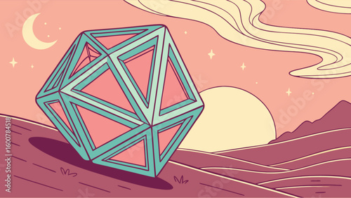 Geometric icosahedron rolling down a hill at sunset with moon and stars in the background landscape