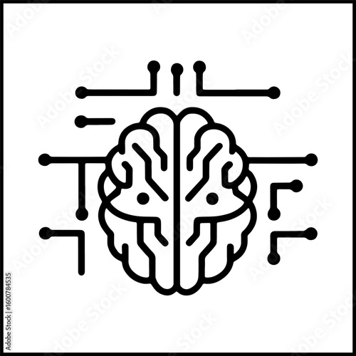 "Minimal Line Art Brain Chip Icon – Black and White Futuristic Circuit Symbol on White Background"