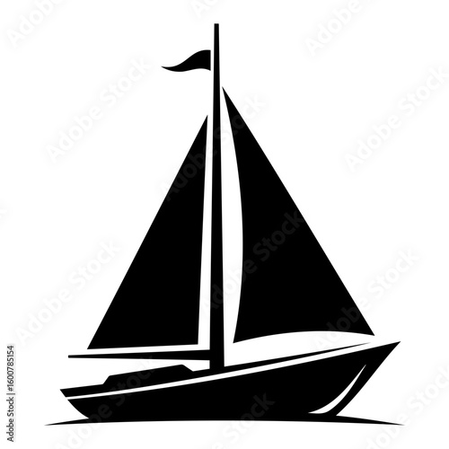 Silhouette Vector Illustration of a sailboat with a tall mast and triangular sail in black against a transparent background