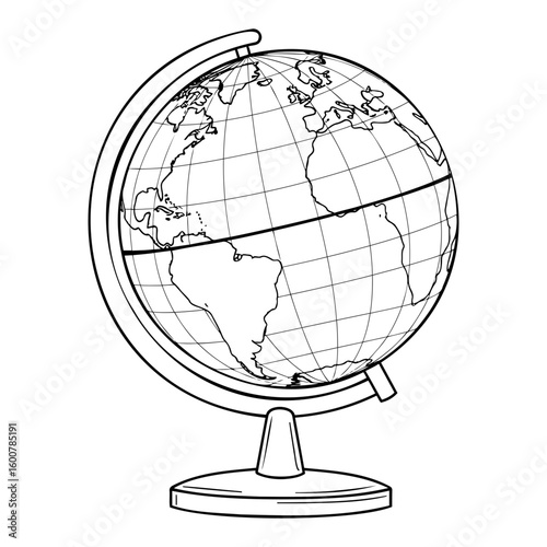 Silhouette Vector Illustration of a world globe with stand showing continents and grid lines in black outline style