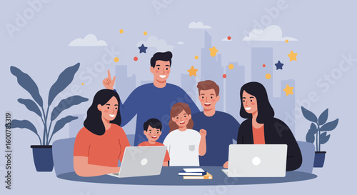 Happy Family Working Together with Laptops Smiling.