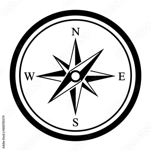 Silhouette Vector Illustration A compass rose with north south east and west directions inside of a double outlined circle design element