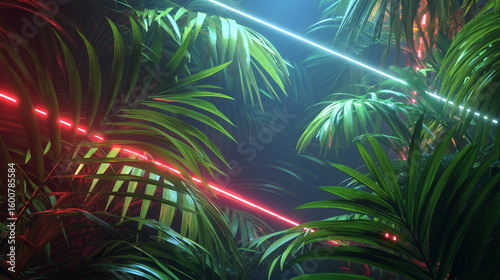 A view of tropical palm leaves illuminated by red and blue neon lights in a dark environment