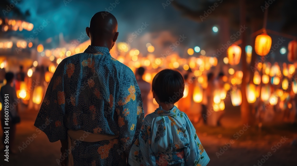 Fototapeta premium Warm night at shrine with lanterns and family