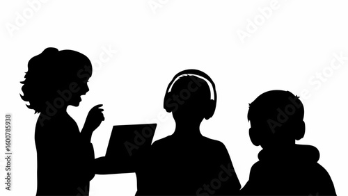 Silhouette of three children, one with headphones, one holding a tablet, and one gesturing, all in black