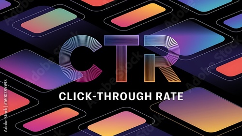 Colorful ctr click through rate text with gradient rectangles on a black background in isometric view