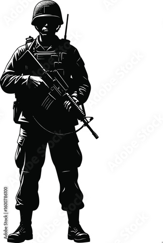 Silhouette of a soldier in a ready stance, holding a rifle, conveying preparedness and movement