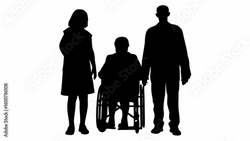 Silhouette of a person in a wheelchair with two people standing on either side in a black and white image