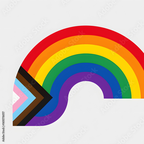 Progress pride flag rainbow in semi-circle design on light background, inclusive LGBTQ plus symbol with transgender and BIPOC colors, equality diversity celebration concept, gender identity support