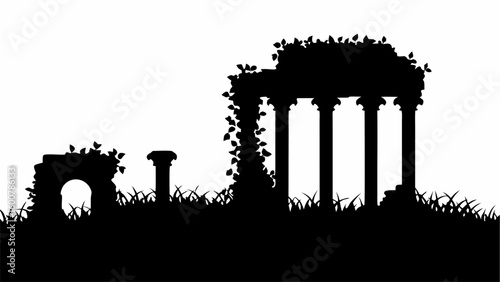 Silhouette of ancient ruins with columns and archway overgrown with vegetation on a grassy ground