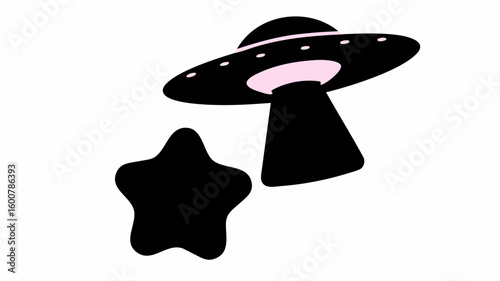 Illustration of a black ufo with pink light hovering near a black star on a white background image