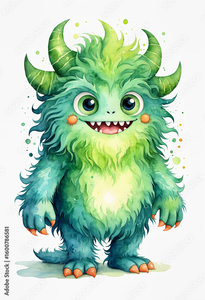 Fototapeta premium watercolor cute green fluffy monster character