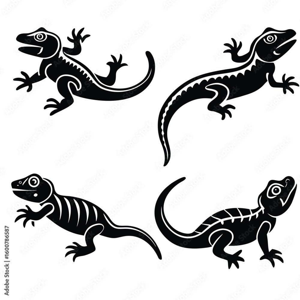 Naklejka premium Vector illustration of four black and white geckos in different poses and styles