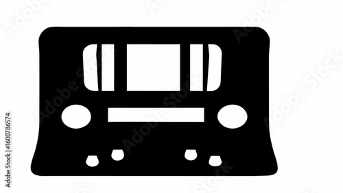 A black and white silhouette of a vintage radio with knobs and a rectangular screen display design