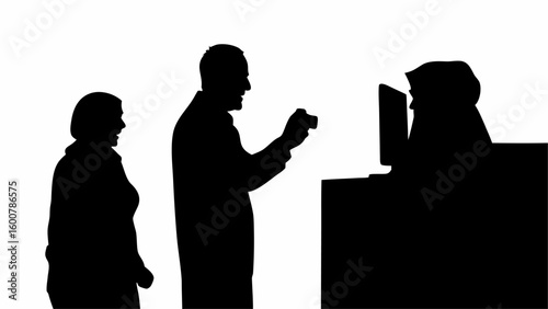 Silhouetted figures show a man taking a photo while a woman and person at a computer look on in black