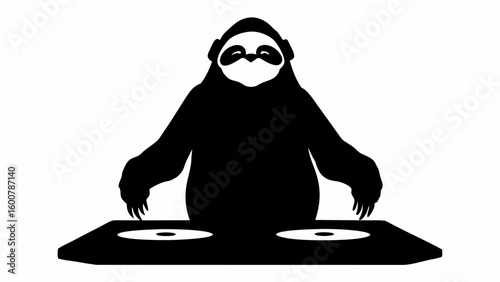 Silhouette of a sloth dj wearing headphones and mixing music on a turntable in black and white style